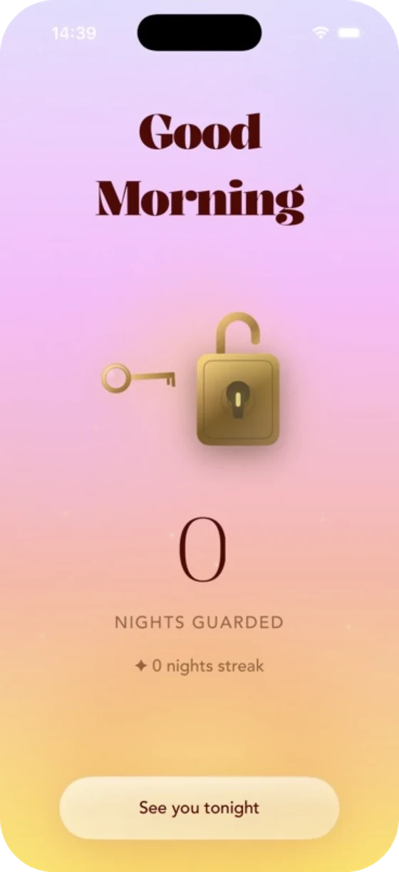 WakeJoy Good Morning screen with an open lock and nights guarded.
