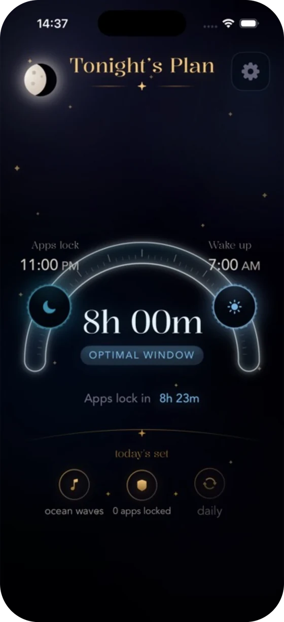 WakeJoy sleep schedule showing an 11 PM bedtime, 7 AM wake time, and an eight-hour sleep window.