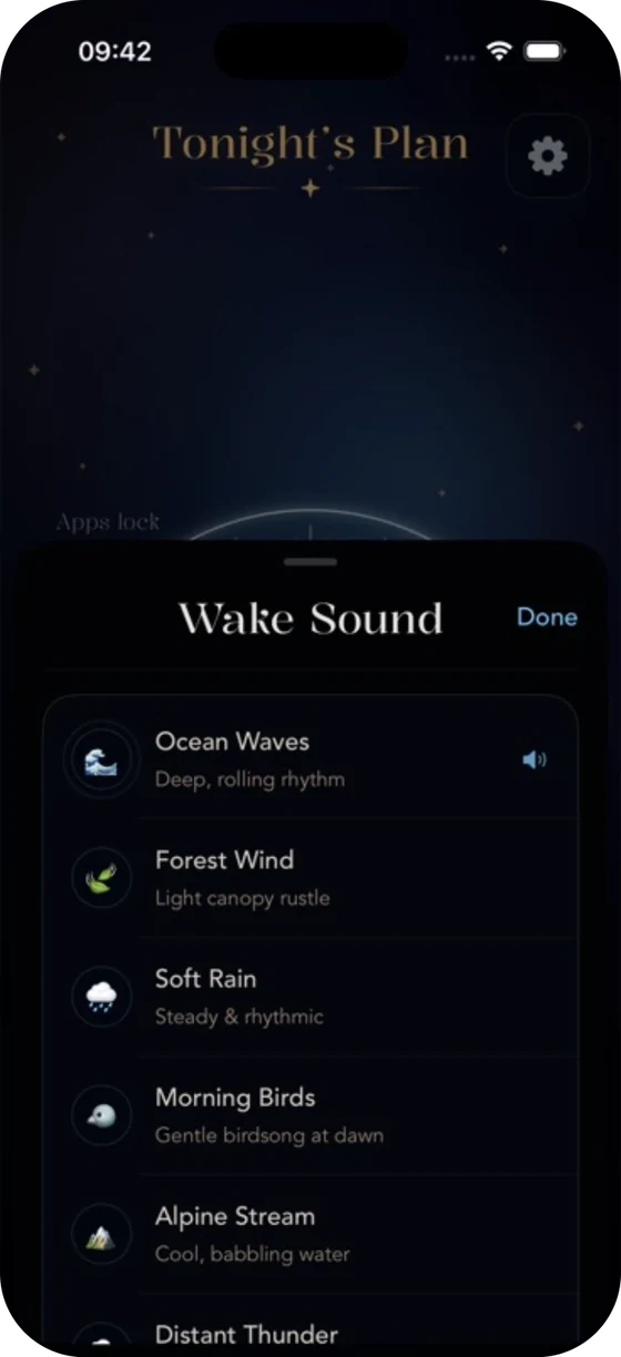 WakeJoy wake sound selection with ocean waves, forest wind, and soft rain.